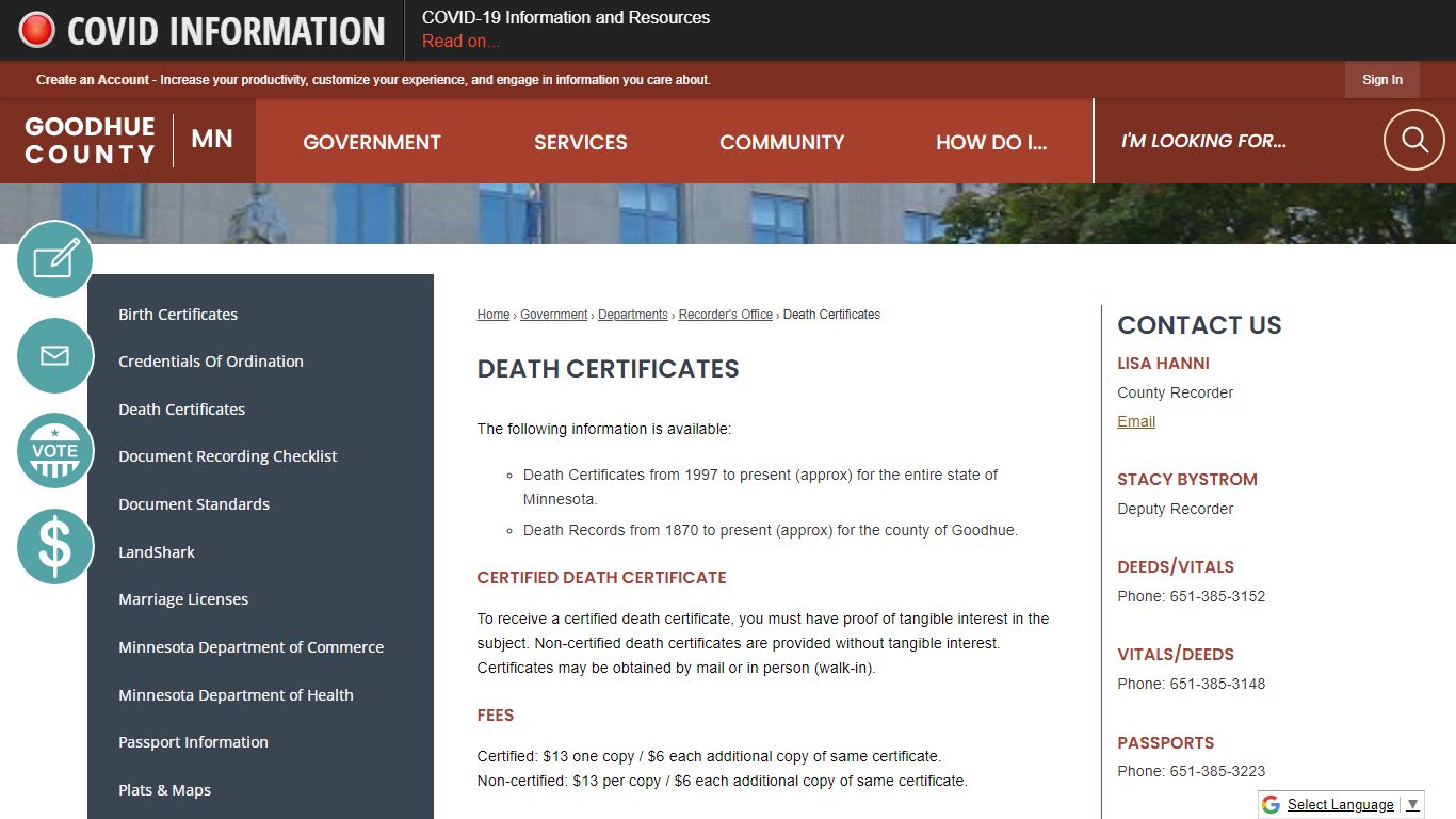 Death Certificates | Goodhue County, MN - Official Website